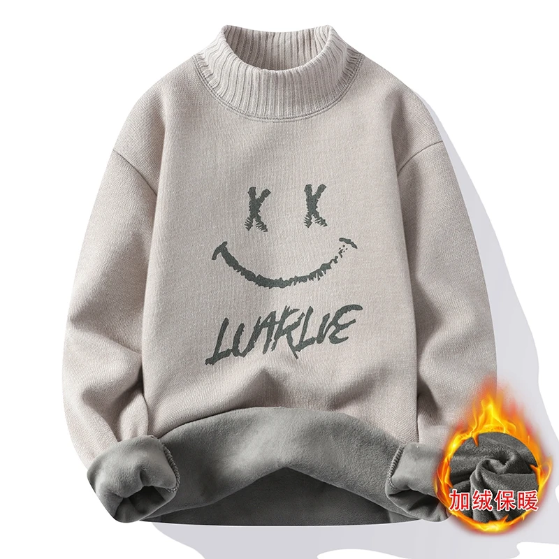 

Men's Half High Collar Thick Sweater Autumn Winter New Youth Popular Print Long Sleeve Letter Pullover Loose Casual Knitted Tops