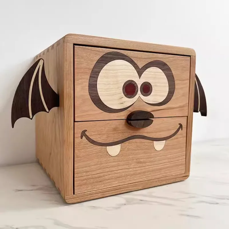 

‌Solid Wood Double Layer Desk Organizer, Cartoon Monster Magic Storage Box, Winged Office Desktop Bin, Drawer Cosmetic Display