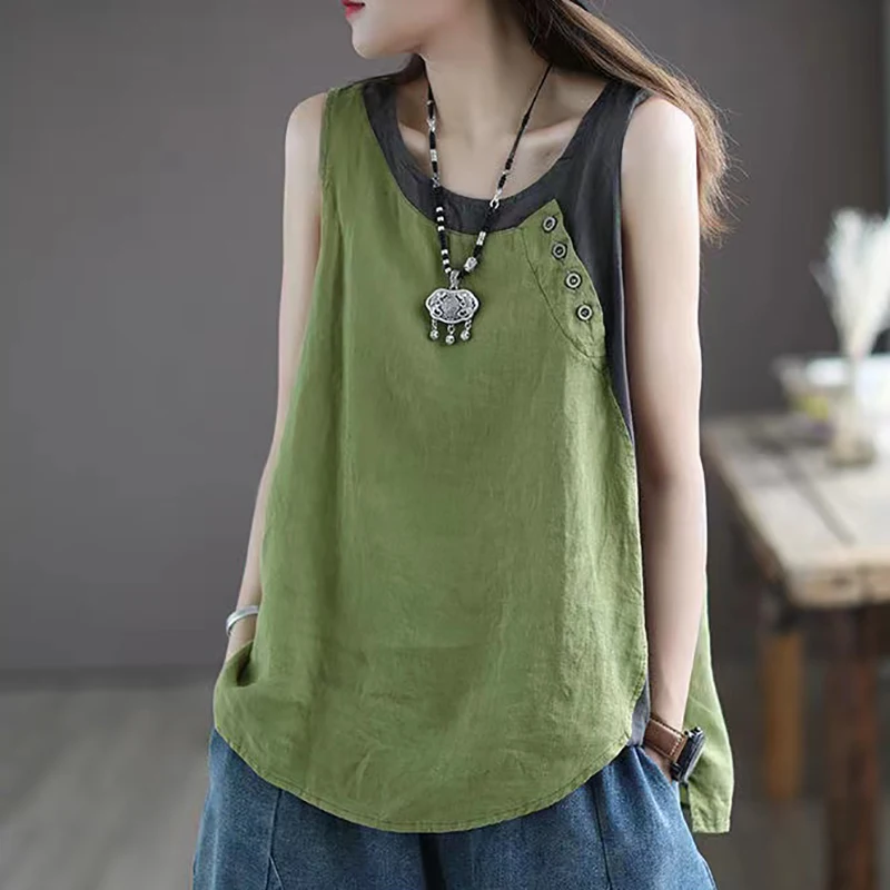 Summer Chinese Tradition Women's Clothing Retro Cotton Linen Loose Vest Thin Section Stitching Ladies Top Short Sleeved T Shirt