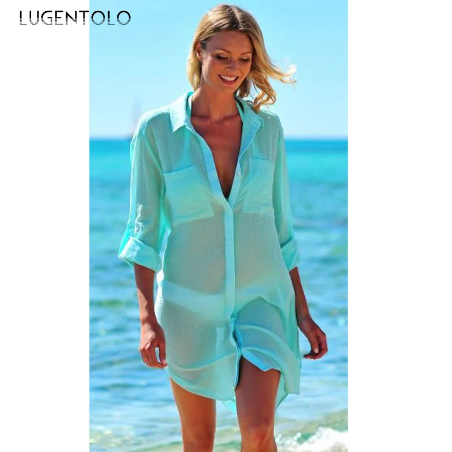 Lugentolo Women Beach Sun-protective Shirt Summer Lapel Solid Long Sleeve Top Folds Casual Female Holiday Thin Sunscreen Blouses