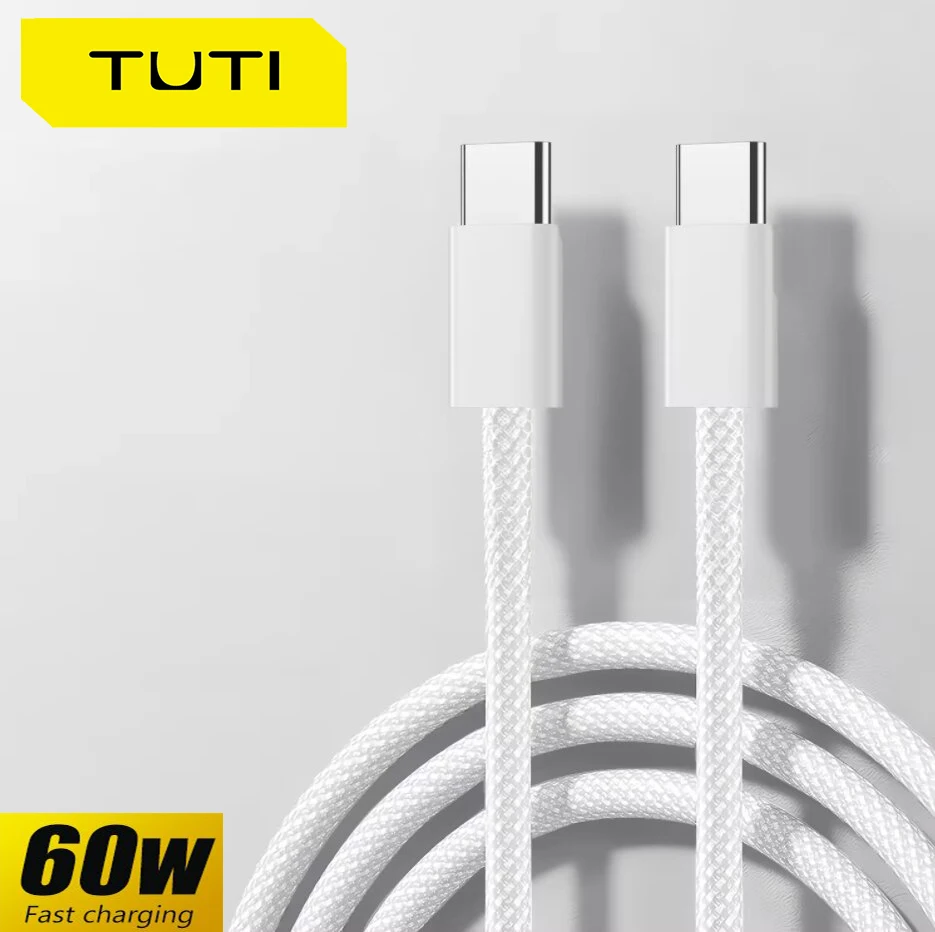 TUTI USB C 3.3ft for Samsung Motorola Car iPad10 or iPhone15 Fast Charger  3.3ft 60w USB-C Charge Cable Thick Braided Cord White