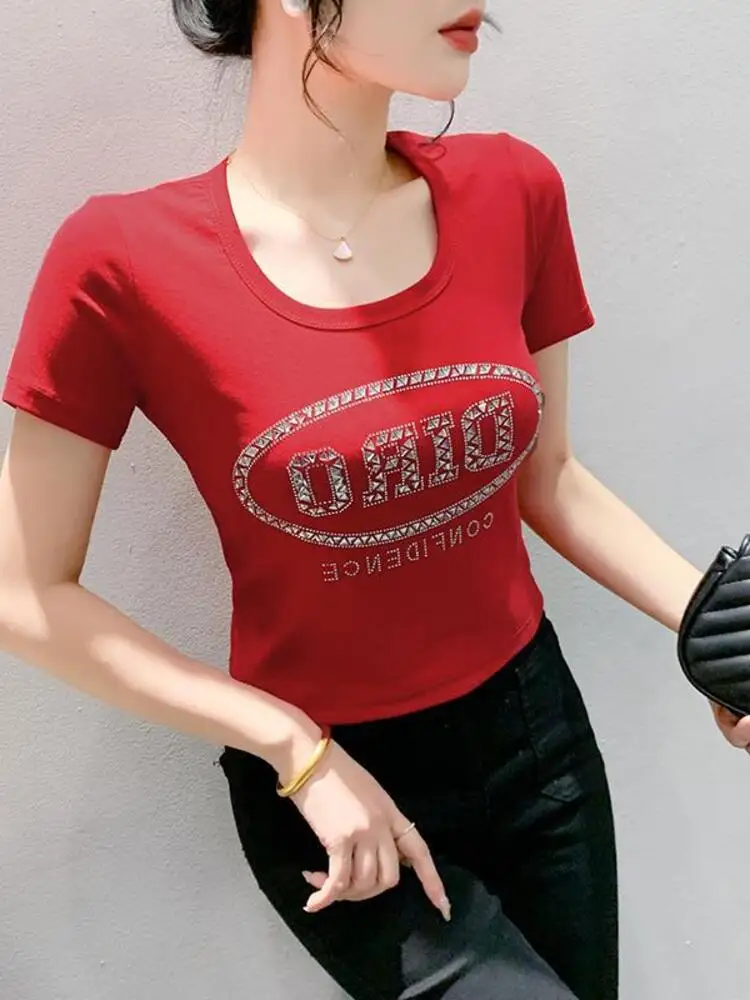 2024 New Hot Diamond Oval Letter Slim Fit Korean Edition Versatile Casual Round Neck Summer T-shirt Women's Short