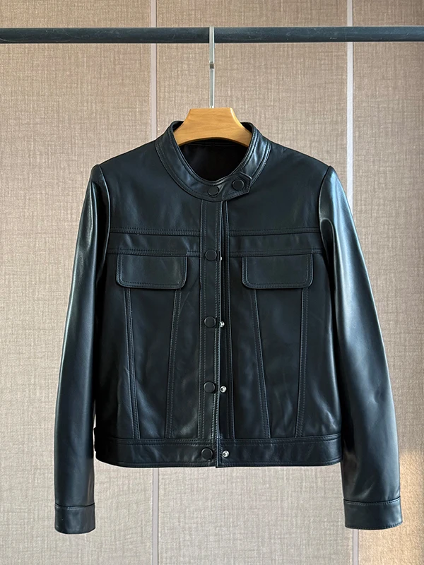   Ning 2025 Herbst Neue Sle Damen ort Motorrad Jaet eep Leder Stehkragen Mantel Faionable Oberbekleidung