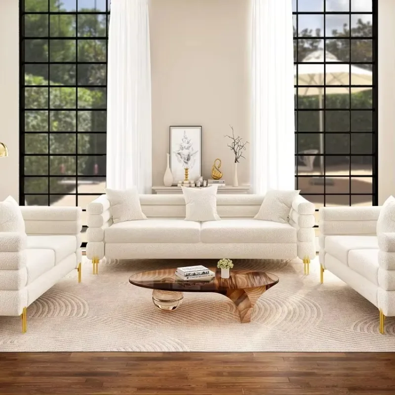 European Style Modern Lounge White Teddy Boucle Fabric Sofa Couch Set for Home Furniture Living Room Hotel Hall Villa Apartment