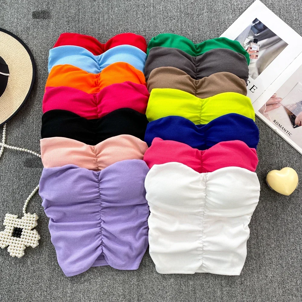 Y2k Sexy Skinny Crop Tops Woman 2025 Off Shoulder Folds Chic Women’s Tanks and Camis Slash Neck Tank Top Korean Fashion Dropship