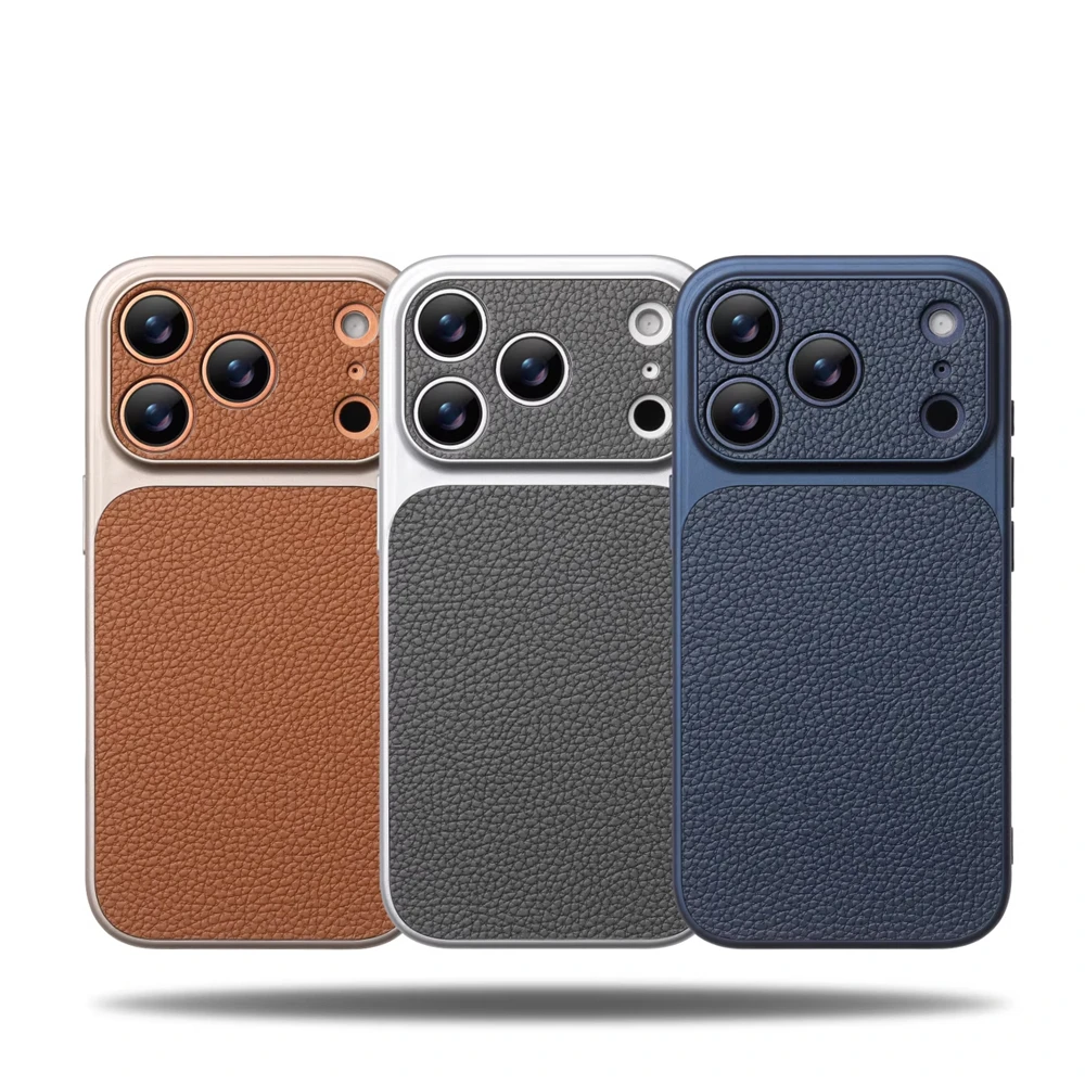 Luxuriöse Hartschale mit Lychee-Textur aus Leder für iPhone 18 17 Pro Max 16 15 14 13 12 ProMax mit vollständigem Linsenschutz – Detail 1