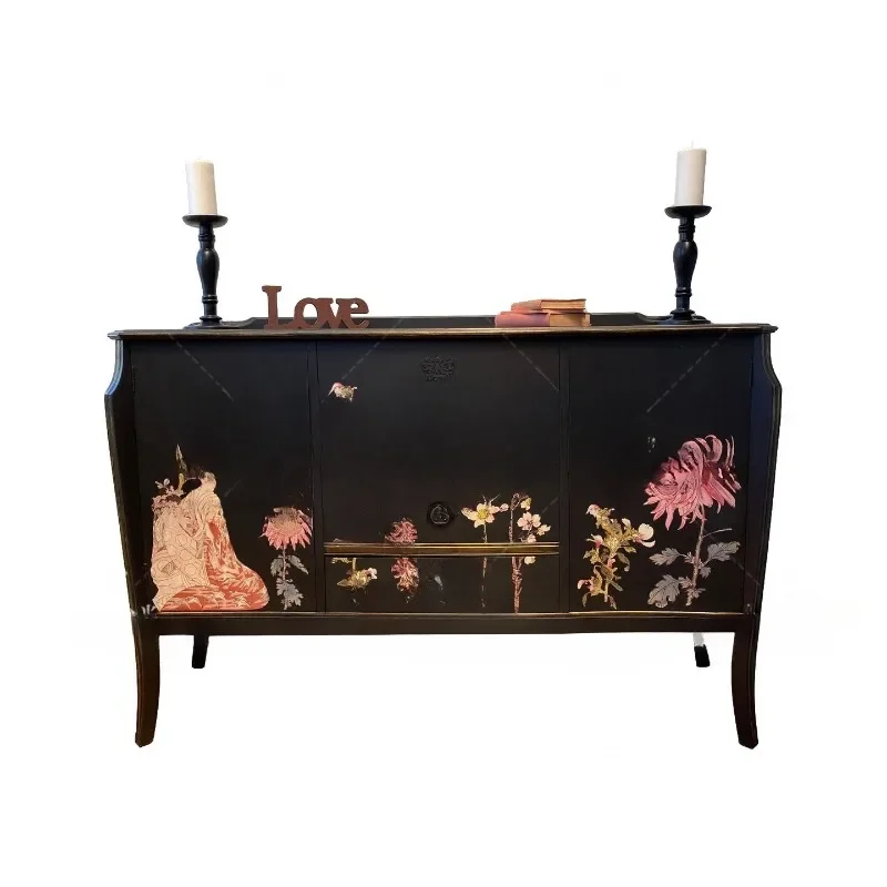 French retro porch cabinet solid wood hand-painted flower multi-drawer locker black decorative cabinet birch