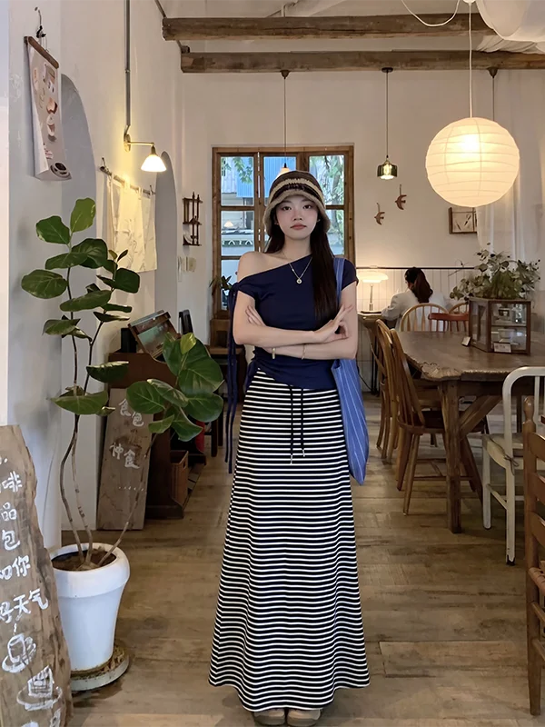 

Women's Summer Stripe Drawstring Slimming Half-length Skirt Set with Draped Shoulder Short Sleeve Top And Long Skirt Two-piec...