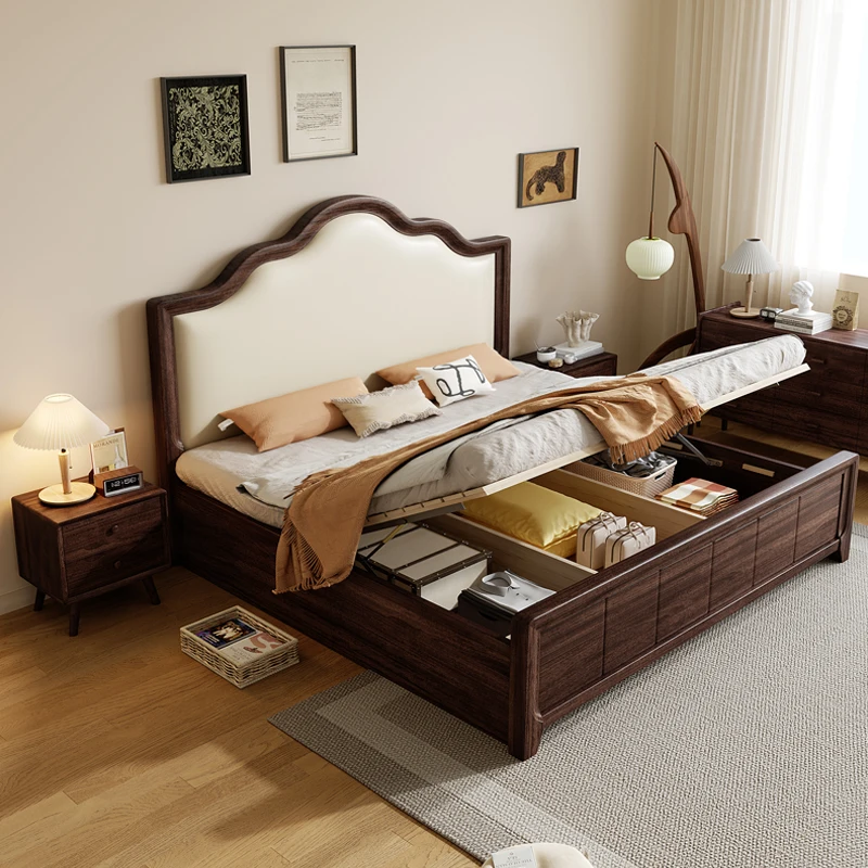 1.8 meters double bed master bedroom leather soft bag American French medieval walnut