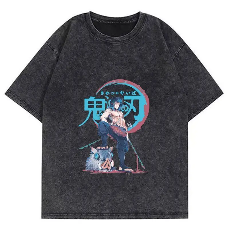 Demon Slayer Anime Charcoal Shirou Short Sleeve Cotton Men and Women Doing Old Washed Summer Retro Loose T-shirt Casual