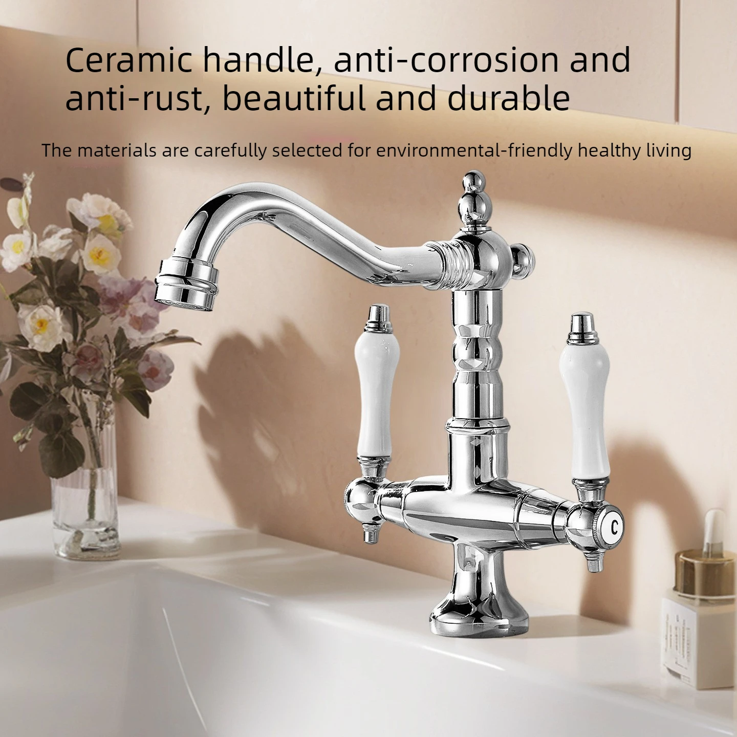 Retro faucet, European style, golden double-handle faucet, bathroom washbasin faucet, ceramic single-hole faucet