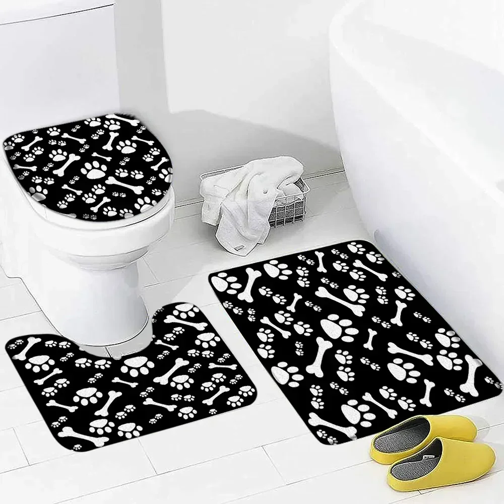 Animal Footprint Bath Mat Set Funny Cat Dog Pattern Print Children Home Carpet Kids Bathroom Decor Non-Slip Rug Toilet Lid Cover