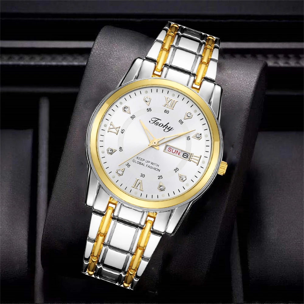 Klassieke alles-in-één knappe trend herenhorloge persoonlijkheid casual jeugd stalen riem duurzaam dubbel kalendernummer eenvoudige mannen