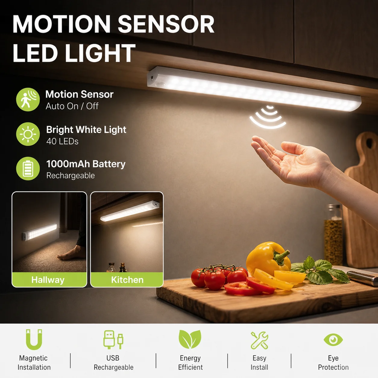 Motion Sensor Light USB Charging Magnetic Cabinet Light Wardrobe Staircase Sensor Lamp for Wardrobe Dormitory Corridor