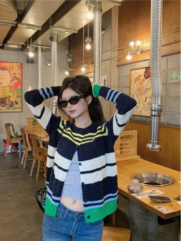 

Вязаный кардиган в полоску в стиле ретро, верхняя одежда, цвет Blo, женский свитер Lazy Sle, длинный свек, круглый, теплая, повседневная одежда