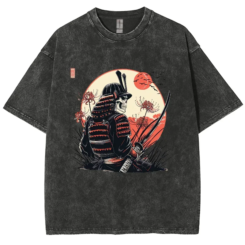 

Рубашка Samurai Skeleton Ukiyoe, топы в стиле хип-хоп Y2K, потертая футболка, уличная одежда большого размера, винтажные потертые футболки для серфинга для мужчин и женщин