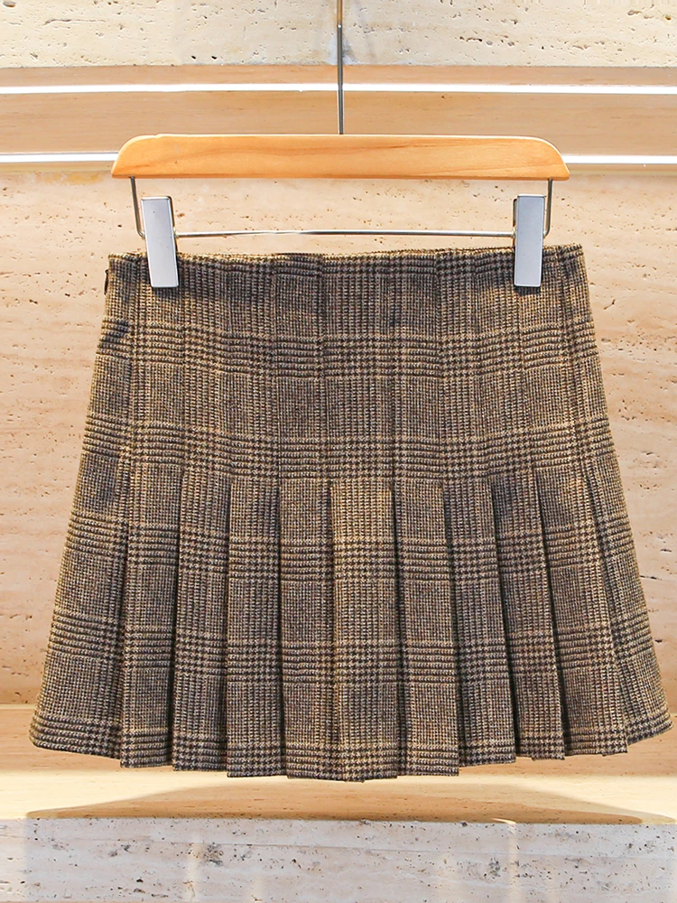 تنورة قصيرة مطوية عالية الخصر من إم هوم نان يو بنمط مربعات صغيرة على طراز الكلية للنساء من ألياف البوليستر