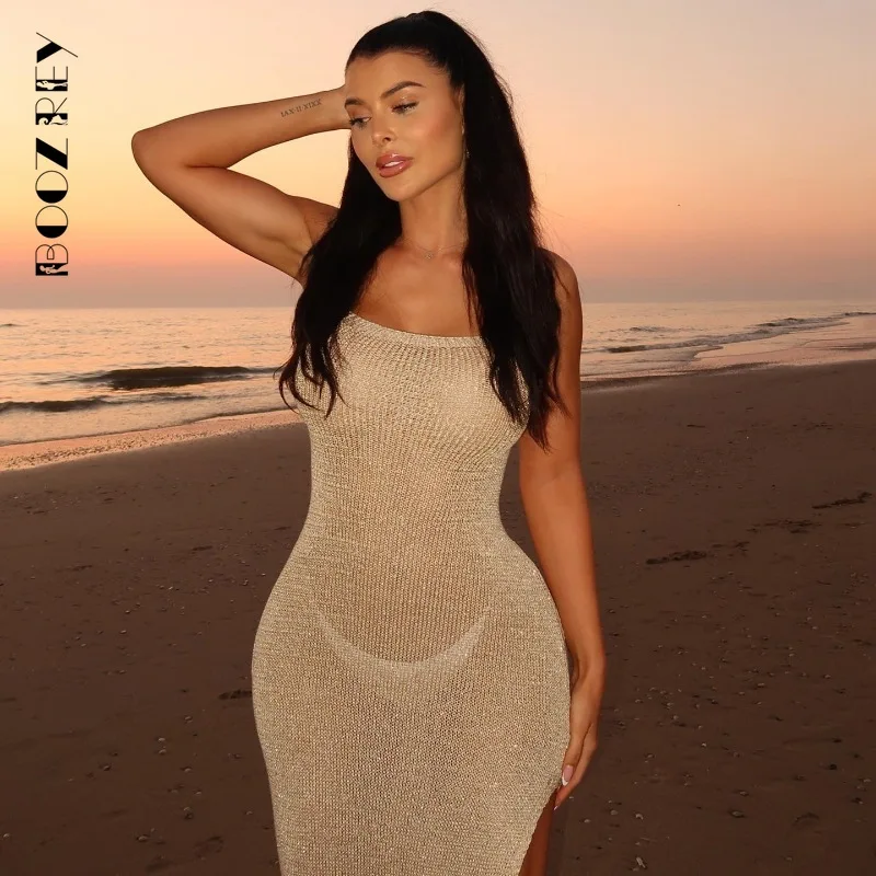 BoozRey 2024 Beach Cover Up Women Strapless Knitted Beach Dress Hollow Out Sexy Solid Tunic Swimwear New Female Bathing Suit