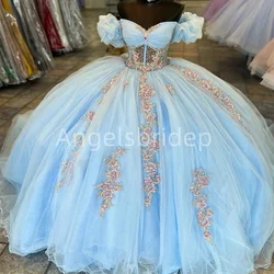 Angelsbridep Sky Blue Romantic Quinceanera Dresses Off Shoulder Beading Crystals Ball Gown Sweet 16 Dress Vestido De 15 Años