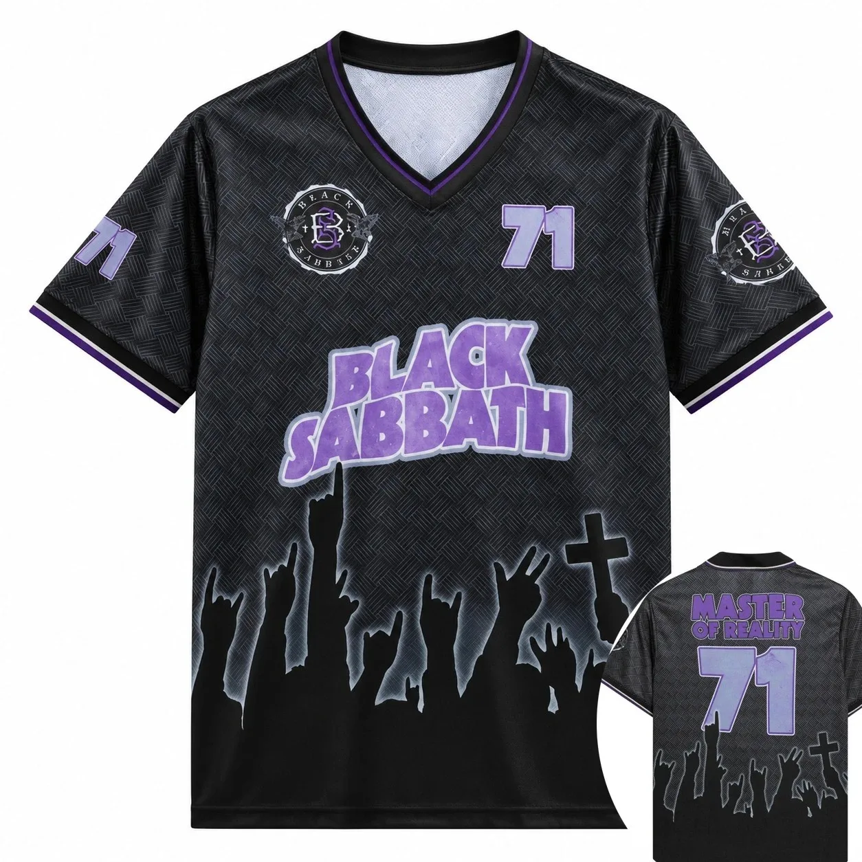 Men's V Neck Short Sleeve Jersey Retro Rock Concert Crowd Print T Shirt Purple Black Number 71 Casual Streetwear Hip Hop Sports