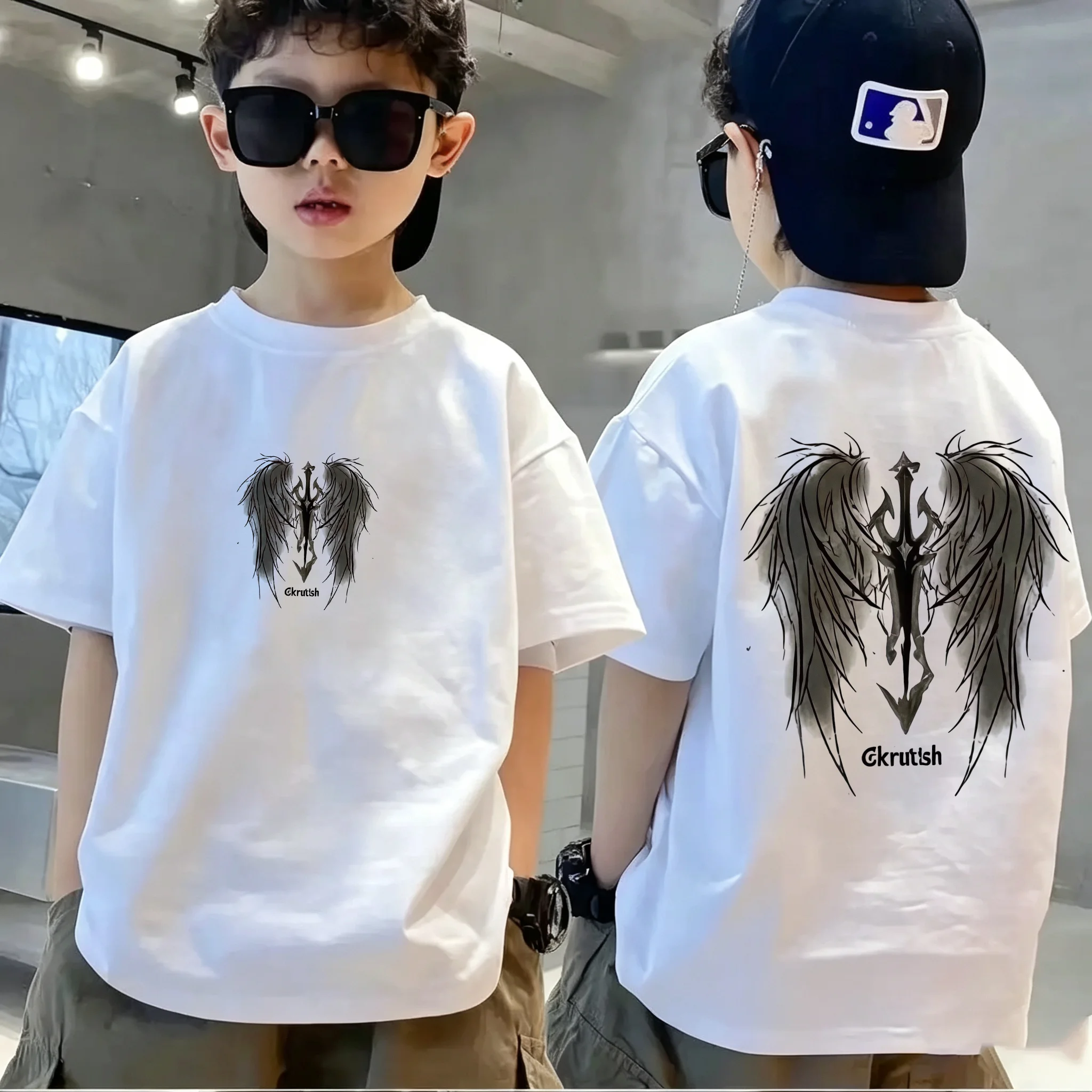 Boys T-Shirt Angel Wings Print Kids Cotton Short Sleeve Tee Loose Streetwear Casual Summer Tops for Teen Boys