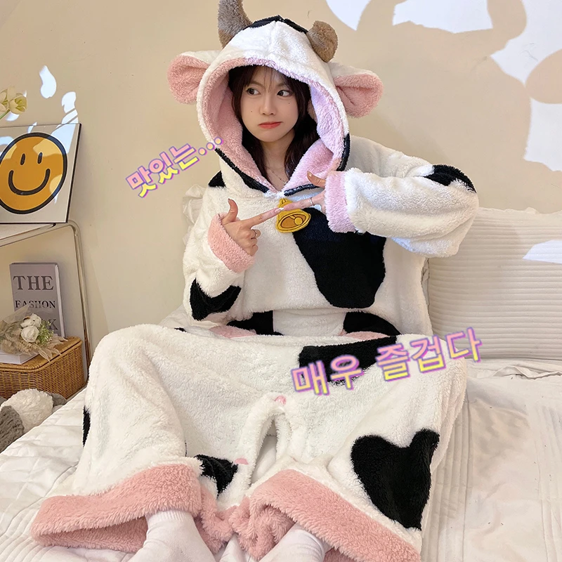 Kigurumis Cow Pajamas Women Onesie Adult Female Winter Sleepwear Zipper Hooded  Jumpsuits Thick Soft Warm Fleece Pijama Mujer