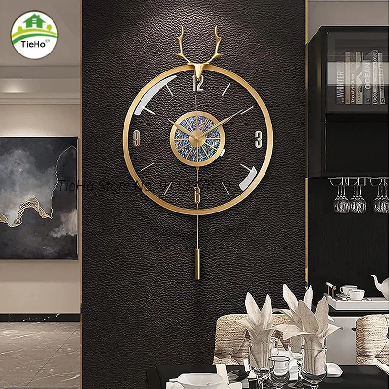 Gold Pendulum Wall Clock, Brass Frame, Glass Mirror, Large Quartz Clocks for Bedroom, Dining Room Decor, Living Room Decoration