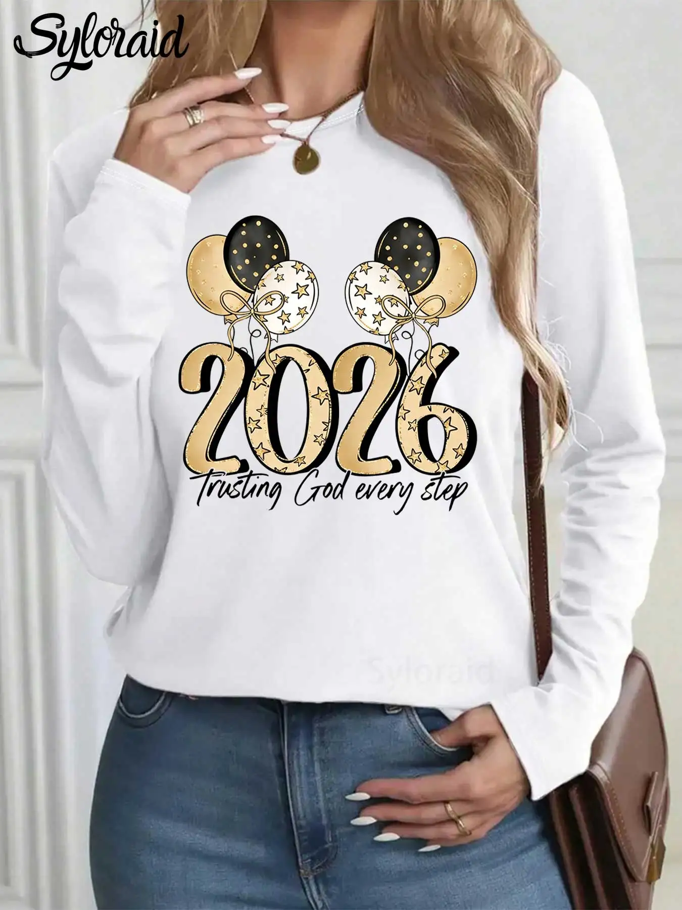 

Women's Long Sleeve T Shirt "2026 Trusting God" Christian New Year Print T Shirt Fashion Round Neck Casual Top