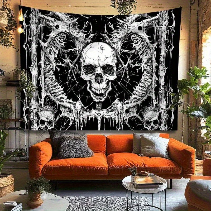 Gothic Skull Dragon Tapestry, Dark Fantasy Wall Hanging, Heavy Metal Room Decor, Black White Skeleton Blanket, Cool Gift