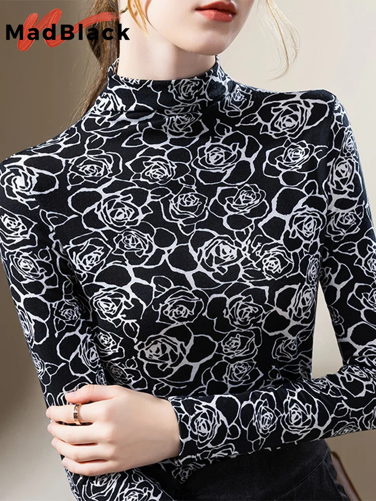 

MadBlack European Clothes Mock Neck Tshirt Women Flower Print Slim Mesh Tops Long Sleeve Bottoming Tee Autumn Winter T3N507JM