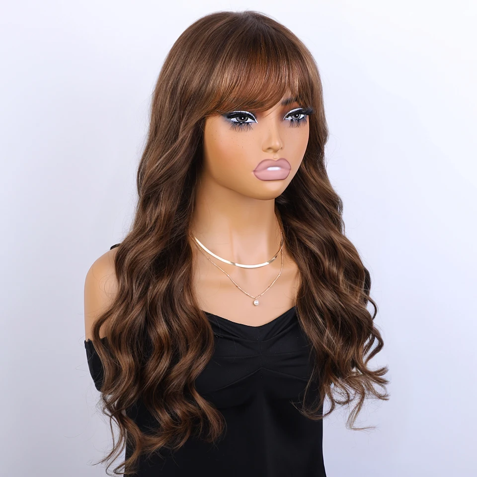 180D Highlight Body Wave Human Hair Wig With Bangs Wear To Go Ombre Blonde Brazilian Body Wavy Human Hair Wigs For Women