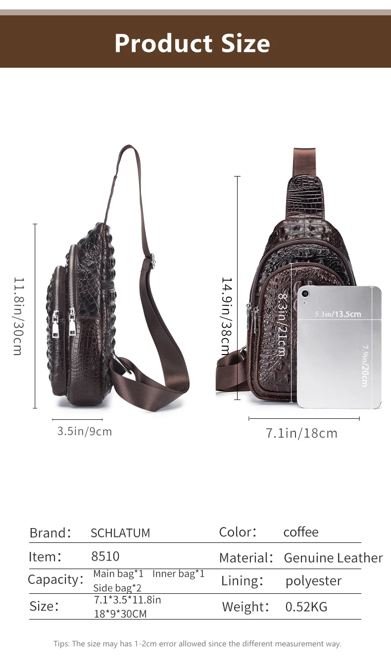 SCHLATUM Herren Echtleder Vintage Krokodilmuster Brusttasche Luxus Herren Umhängetasche Reisetasche Multifunktionale Schultertaschen – Detail 3