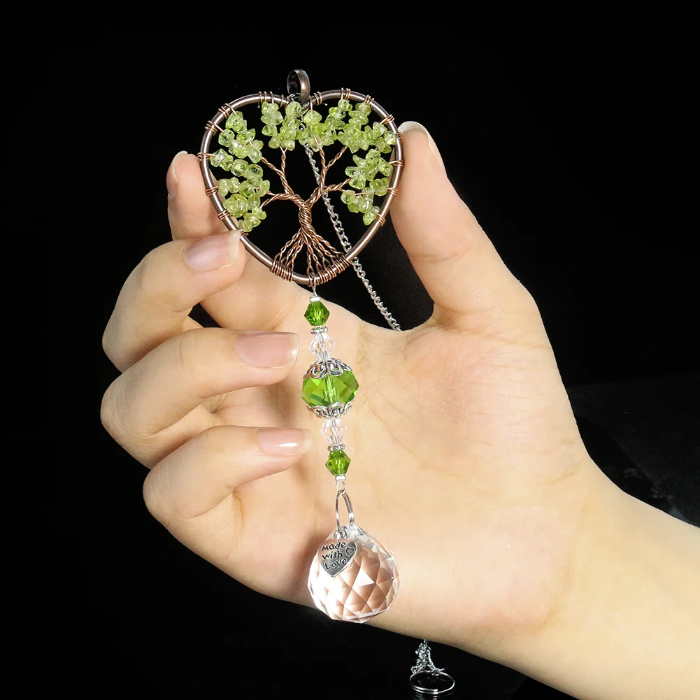 Muy Bien Natural Green Dongling Gravel Tree of Life Crystal Pendant Quartz Gemstone Reiki Energy Car Hanging Ornament Home Decor