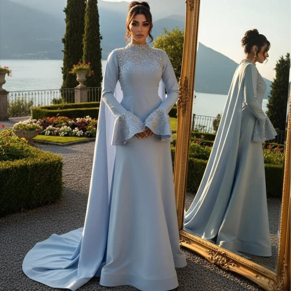 

Вечерние платья по индивидуальному заказу, элегантное модное трикотажное платье трапециевидной формы с рюшами и кристаллами для выпускного вечера, вечернее платье с высоким воротником и длинными рукавами