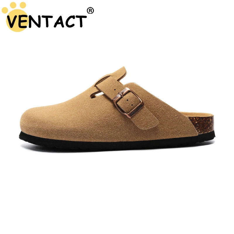 

VENTACT Super Size 44-45 2023 New Clog Cork Slippers Suede Leather Couple Shoes Casual Flats Slides Closed Toe Buckle Sandals