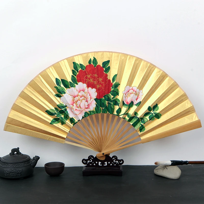 Folding Fan Jade Bamboo Double-Sided Hand-Painted Illustration Peony 9.5-Inch Mud Gold Paper Opera Fan Chinese Style Craft Mens