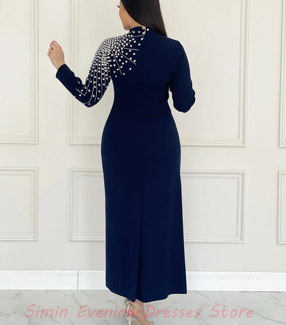 Simin High-Neck Straight Luxury Beaded Long-Sleeves Ankle-Length robes de soirée Saudi Arab Evening dresses for women 2024