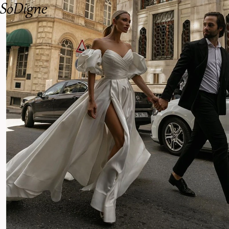 

SoDigne Satin Wedding Dresses A-line Square Collar Full Sleeves Bridal Dress Simple Elegant Long Bride Gown vestidos de novia ﻿