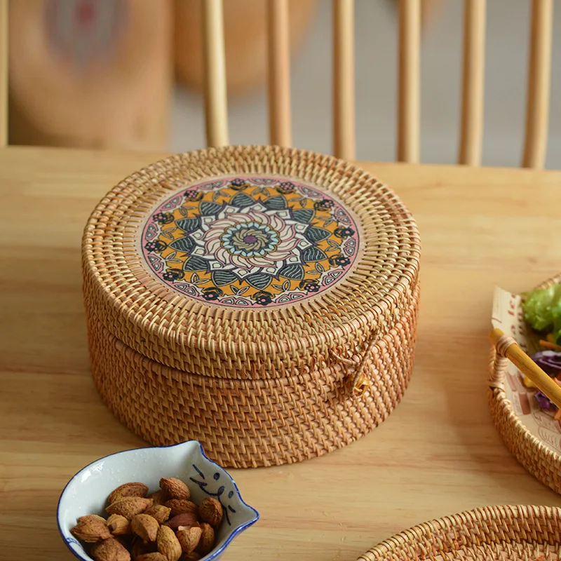 Rattan weaving with cover, tea table, food and sundries sorting, home round tea storage box, storage, tableware storage