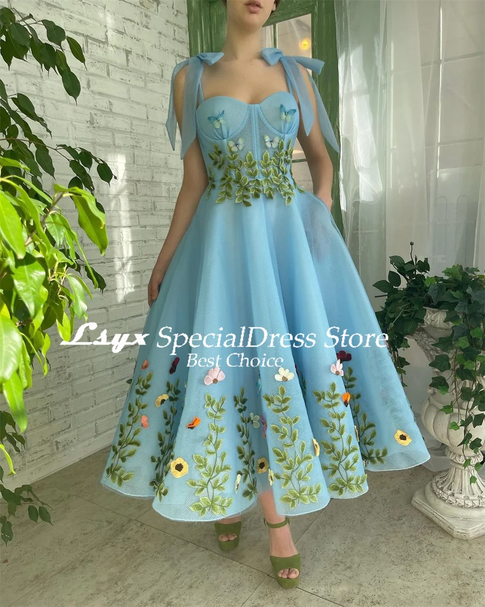 LSYX Pastrol Prom Gown Spaghetti Strap A-line Tea-Length Evening Dresses 2024 Exquisite Applique Birthday Party Dresses