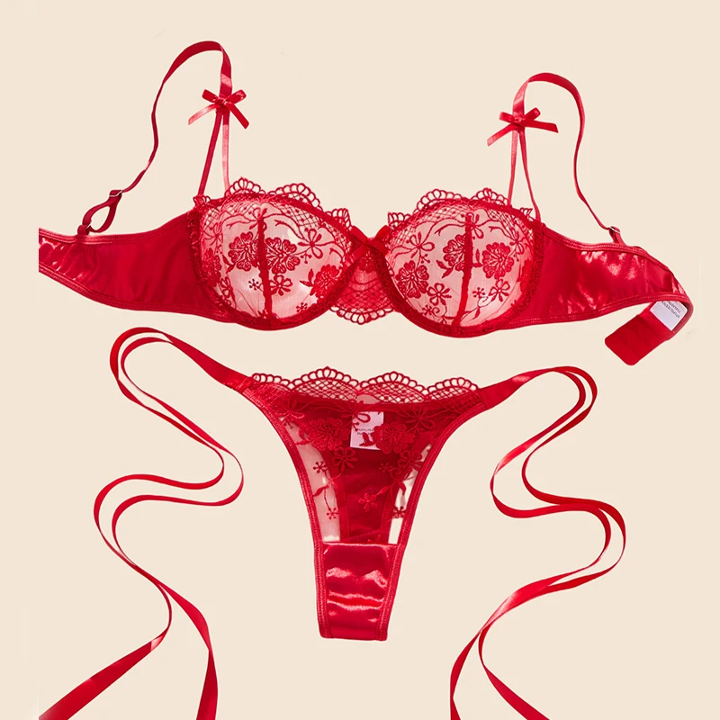 

Daring Lingerie for Women Hot Red Sexy Lingerie Delicate Embroidery Lace Underwear Transparent Bra Panties Sets Erotic Lingerie