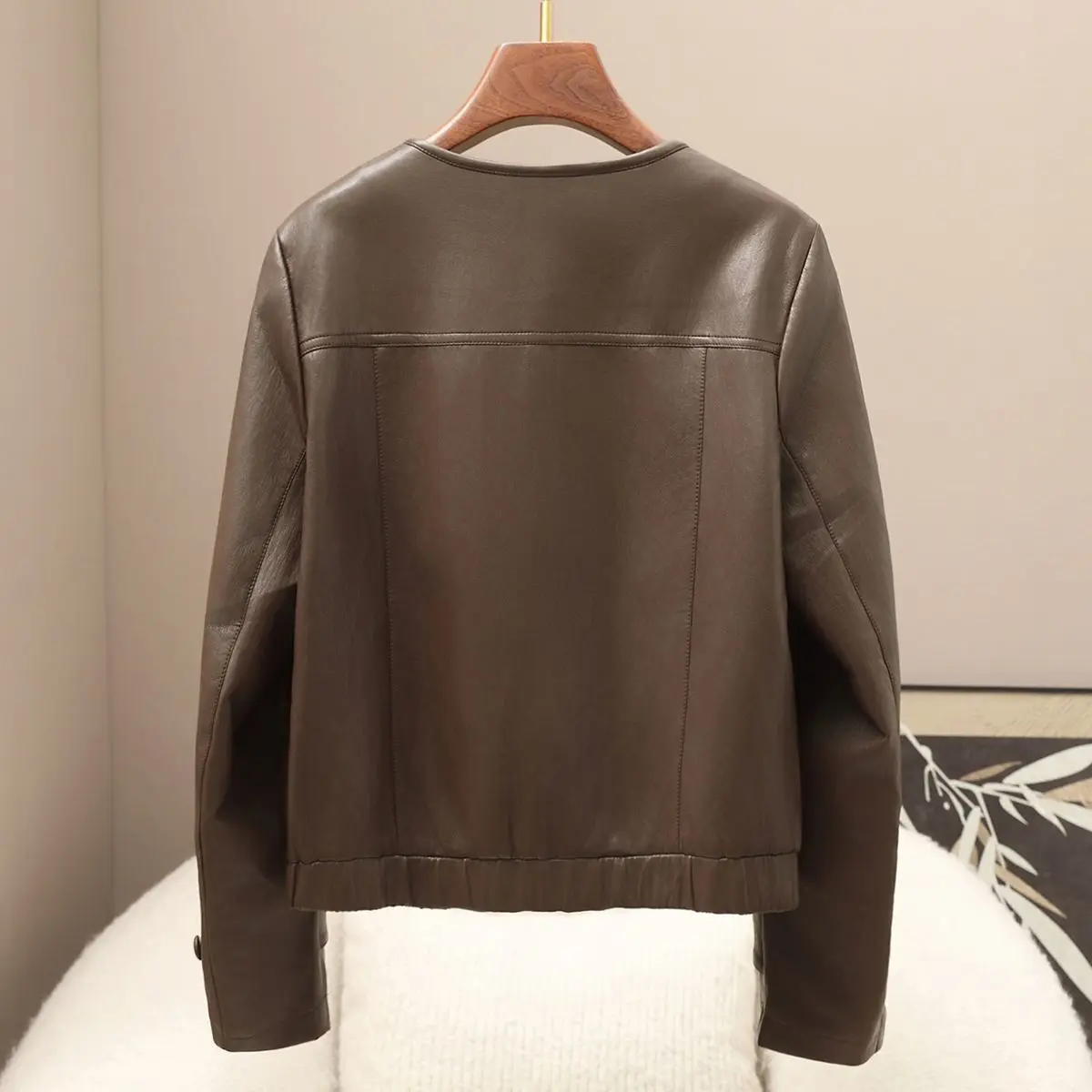 Kort rondhals jack van imitatieleer, nieuw, casual, modieus, rondhals jas voor dames