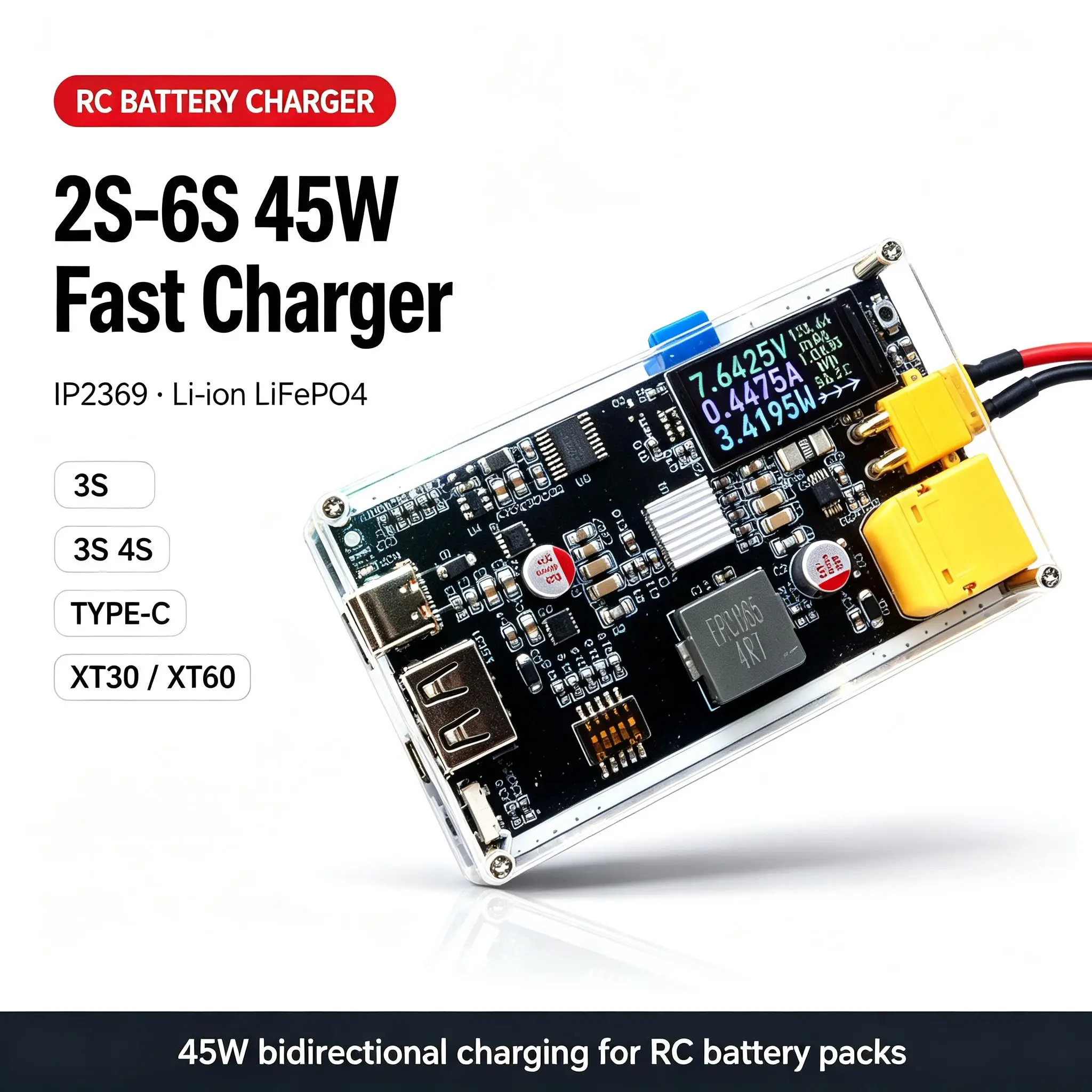 DYKB 2S-6S IP2369 45W Bidirectional Fast Charging 3S 4S Li-ion LiFePO4 RC battery charger W Display TYPE-C XT30/XT60 power tools