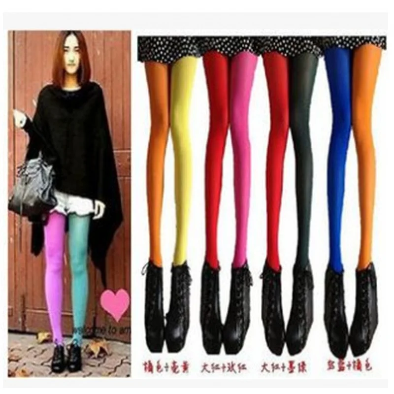 Candy Colorful Stockings AB Left Right Asymmetric Black White Yin and Yang Dual-Color Patchwork Pantyhose Dance Pa