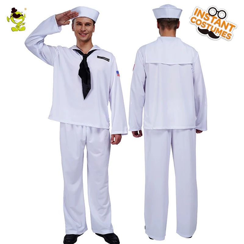 Adults Navy Costume White Sailor Suit Halloween Cosplay Fancy Dress Up Party Costume Uniform For Men