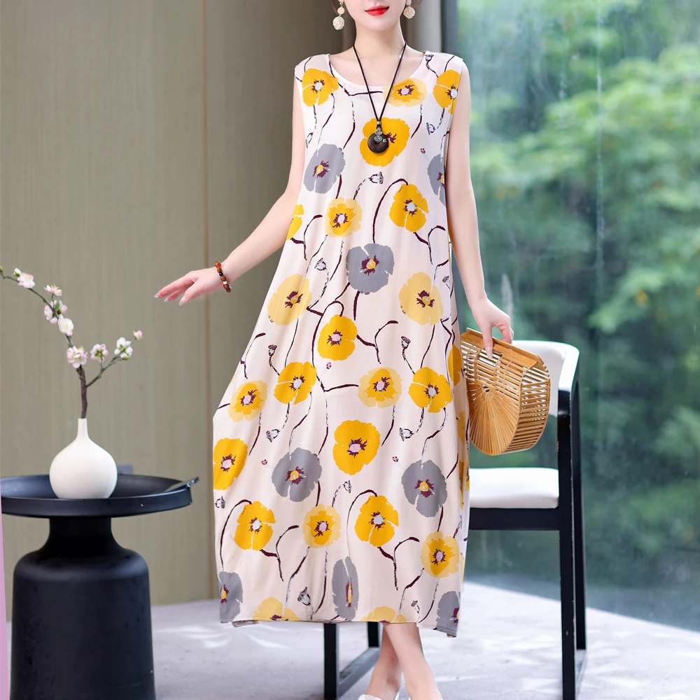 New Casual Vintage Summer Dress Vestido Print Natural Regular Sleeveless O-neck Cotton Dresses Women Clothing Plus Size