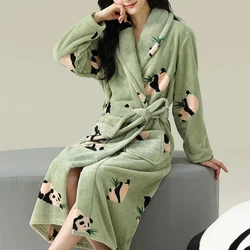 Panda Print Flannel Kimono Bathrobe Gown Sleepwear Winter Female Robe Nightgown Intimate Thicken Home Clothes Long Loungewear