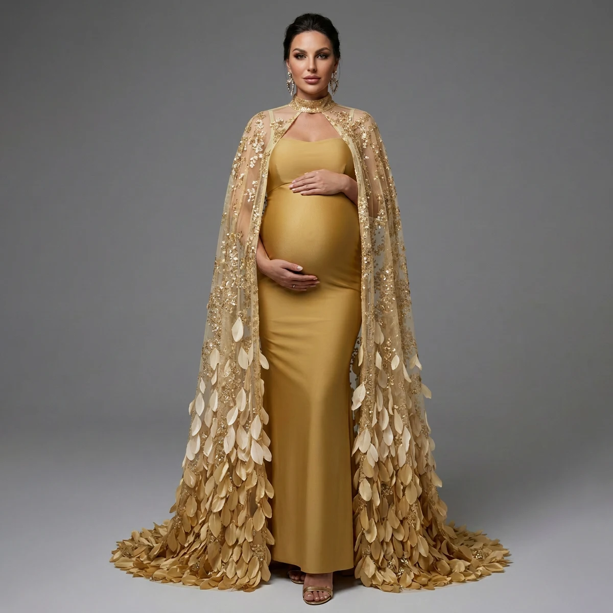 Luxury Gold Maternity Dresses for Photo Shoot Elegant Sequin Lace Cape Pregnancy Gown Long Pregnant Photography Props YD260908