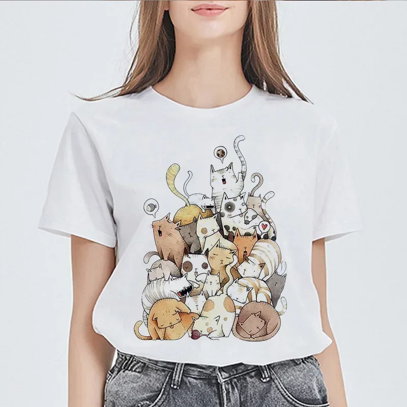 Summer Female Tee shirt Basic Potter Cats O-neck Short Sleeved  Print Harajuku Tops Women T-shirt Casual Kawaii Ladies T-shirt