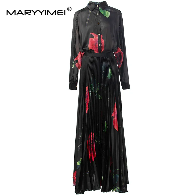 MARYYIMEI Spring Summer Women\'s Suit Turn-Down Collar Single-Breasted Long-Sleeved Tops+Pleated Half Skirt Print Two Piece Set